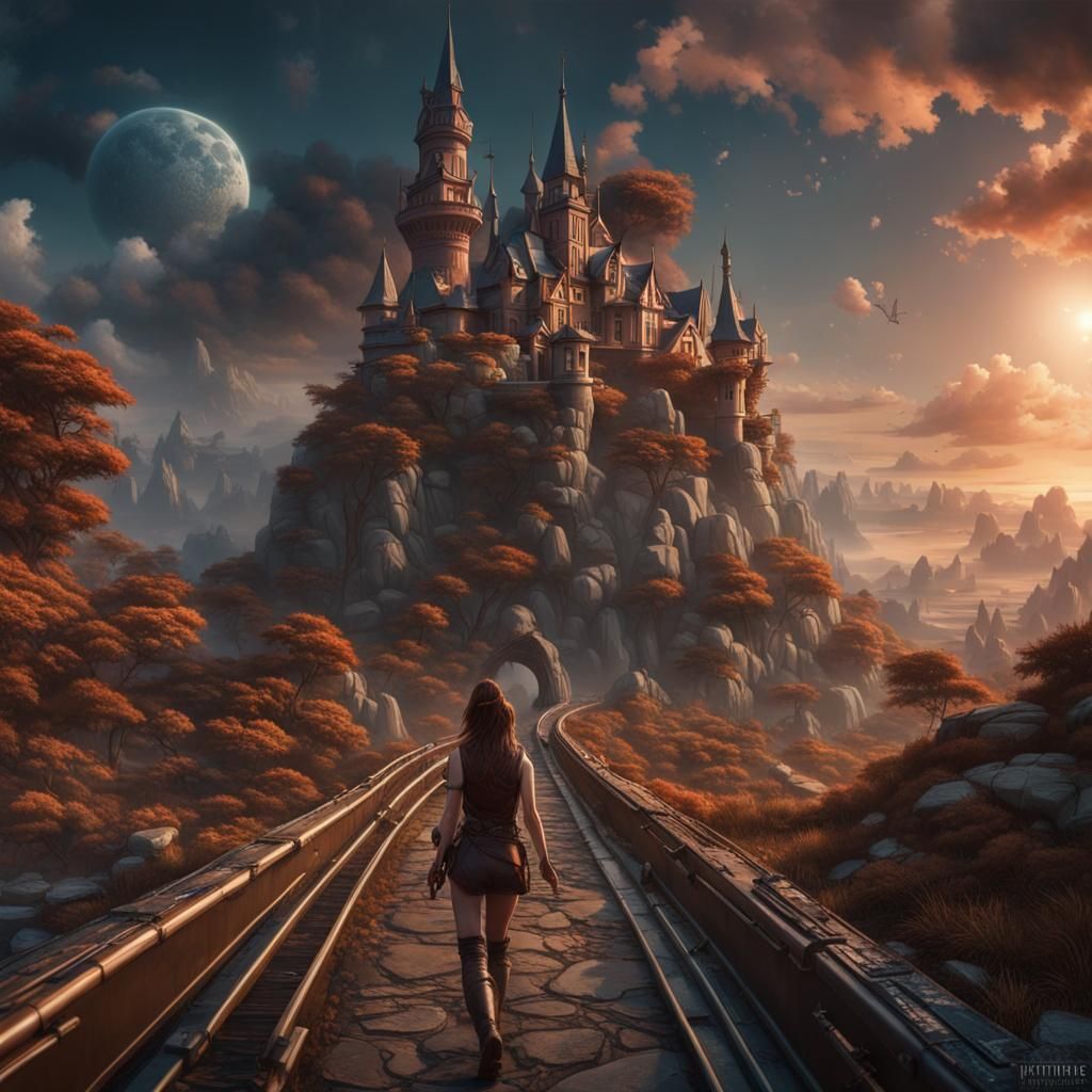 Figure Running Down Road in Detailed Matte Painting