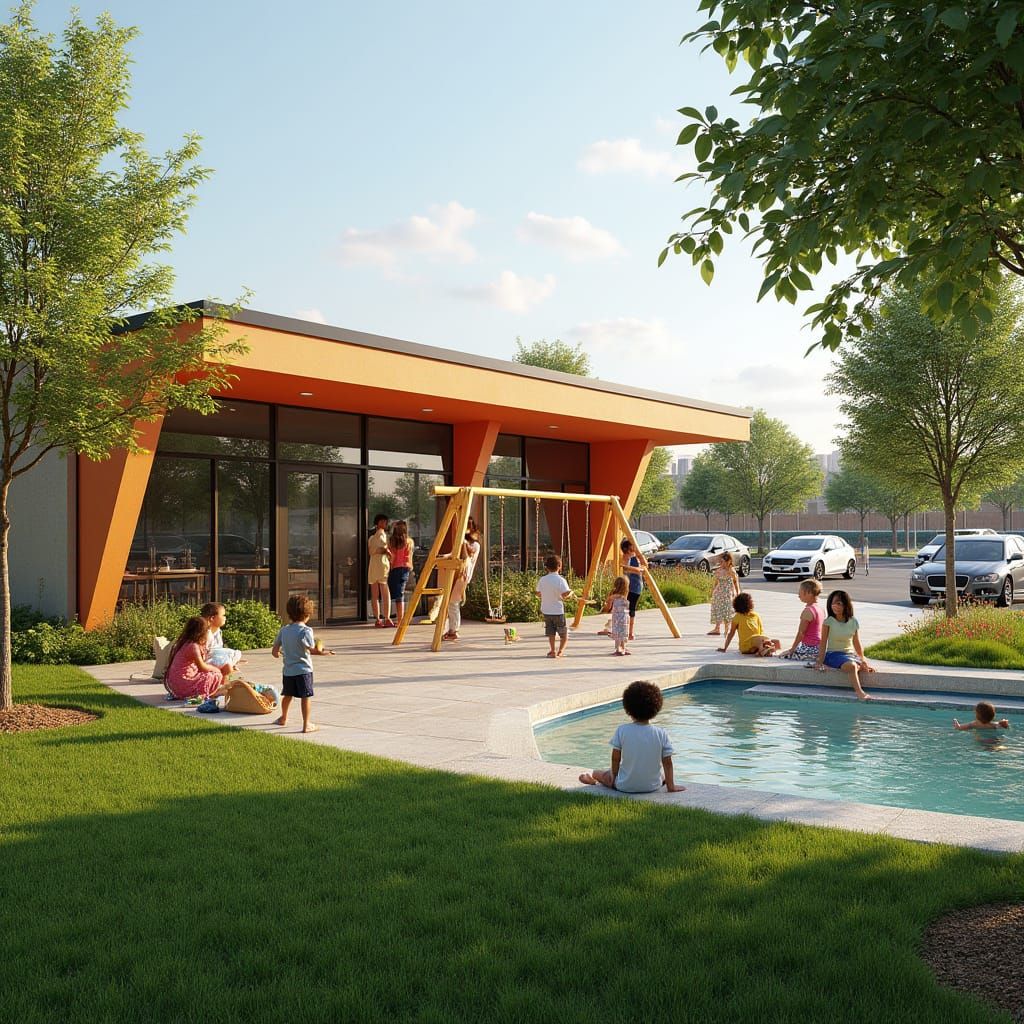 Playful Restaurant Front with Pool and Parking