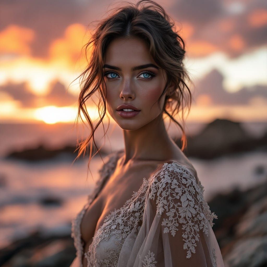 Elegant Vogue Model Basks in Warm Sunset Glow