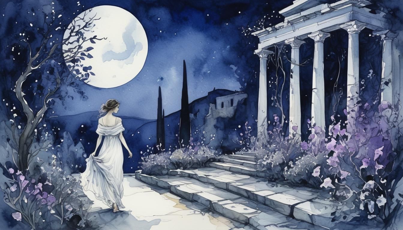 Midnight in a Greek Garden in Pen and Ink Watercolor