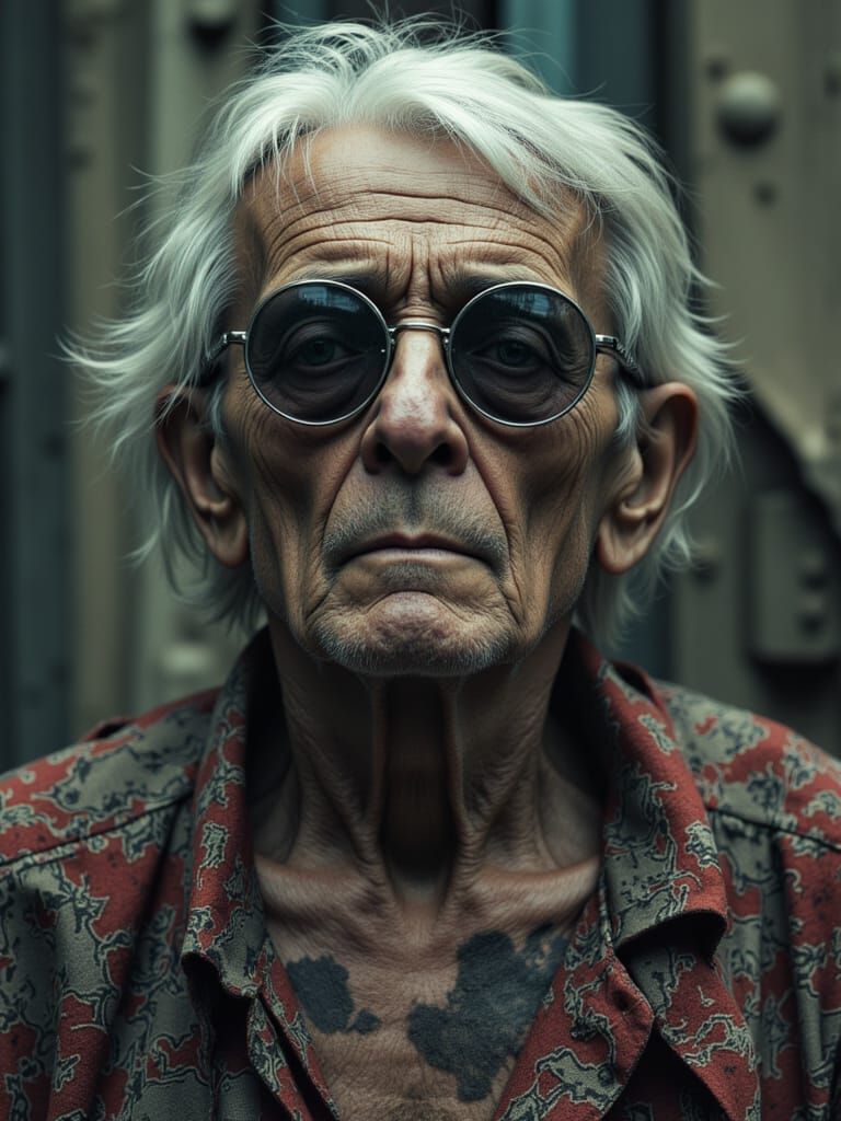 Cyberpunk Grandpa Ruminates on Past in Muted Hues