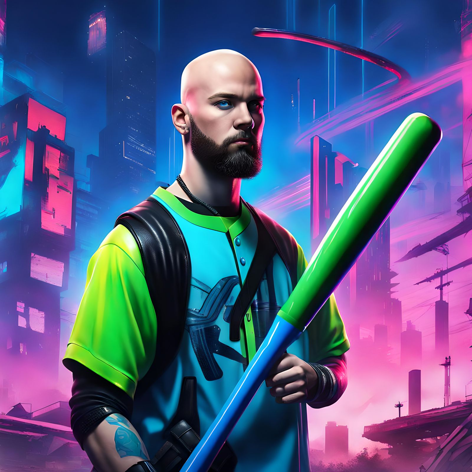 Cyberpunk Baseball Player in Neon Blue Jersey
