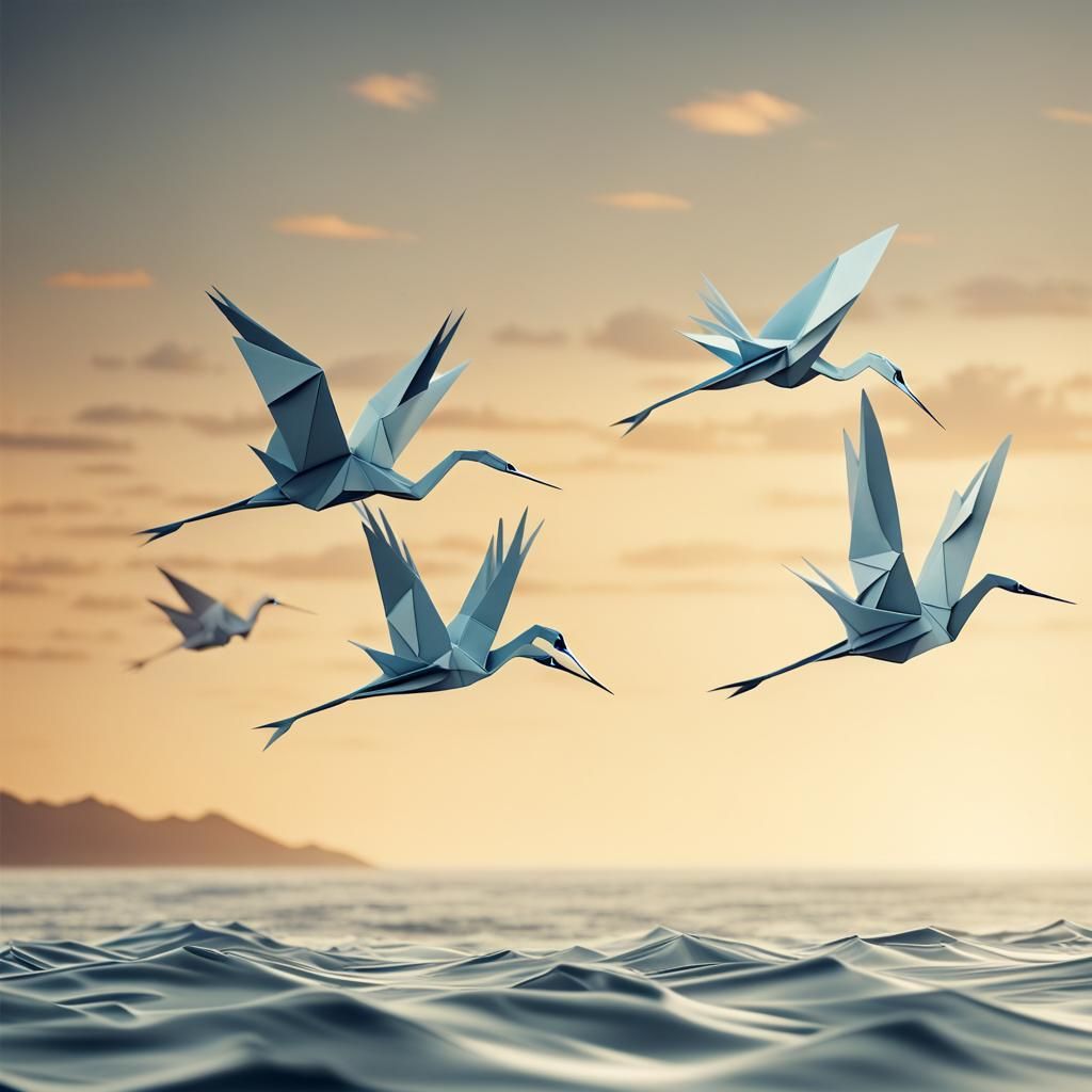 Origami Cranes Flying Over the Ocean