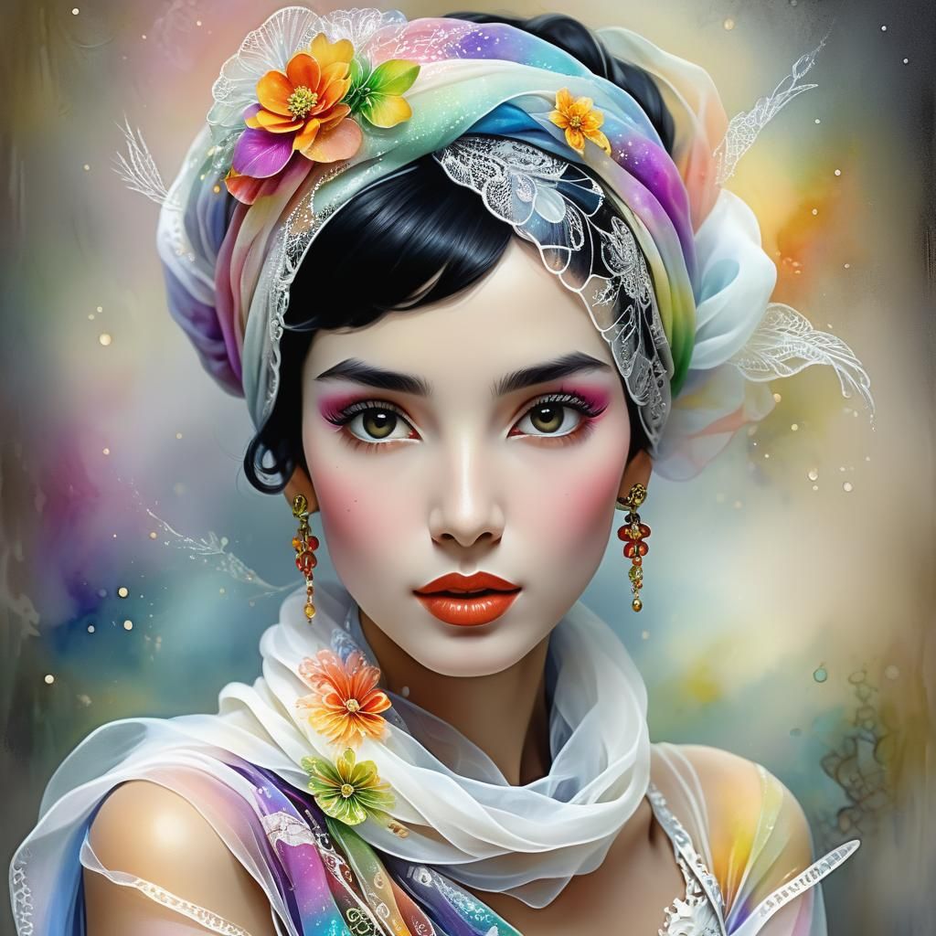 lucky lady in a white tulle scarf