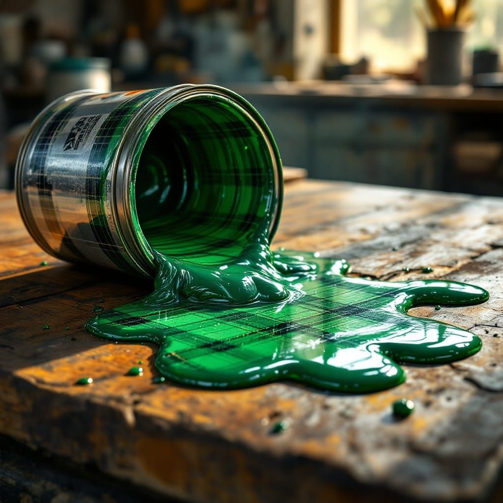 Metal Paint Can Spills Whimsical Green and Black Plaid