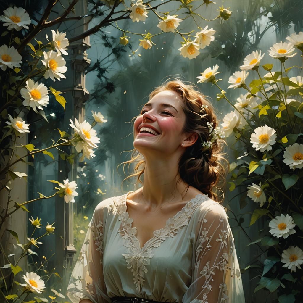 Laughing Woman in Dream Garden, Delicate Art
