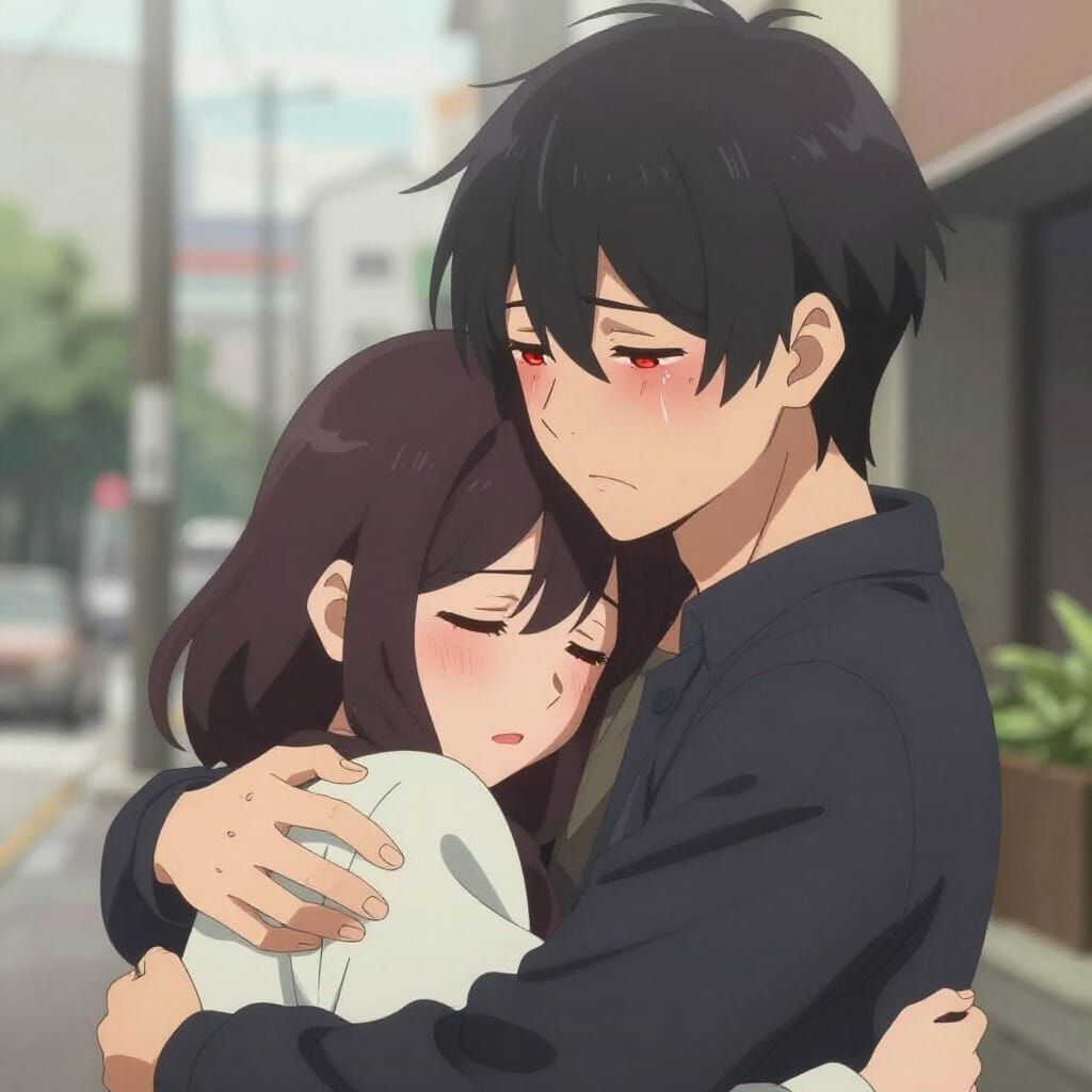Married Couple Embracing in Sorrowful Anime Style