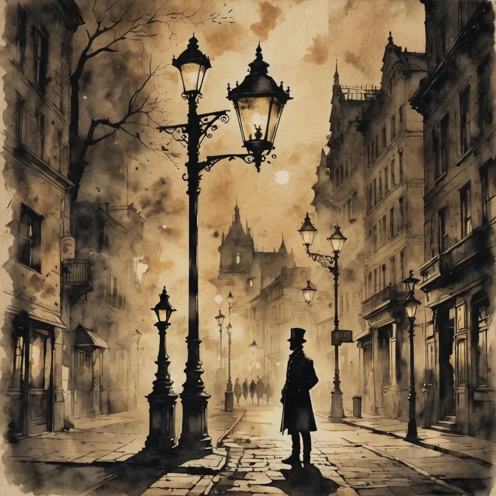 Steampunk Magician Silhouette in Ink Painting Style