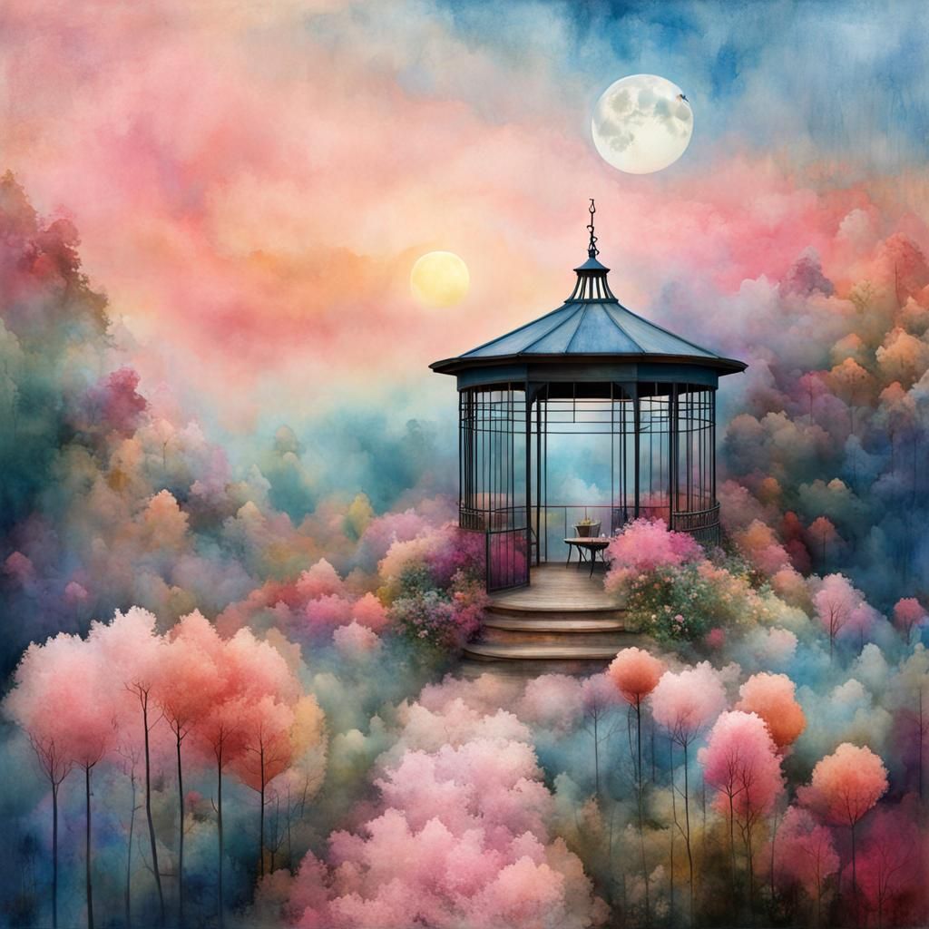 Dreamy Sunset Garden in Watercolor Style