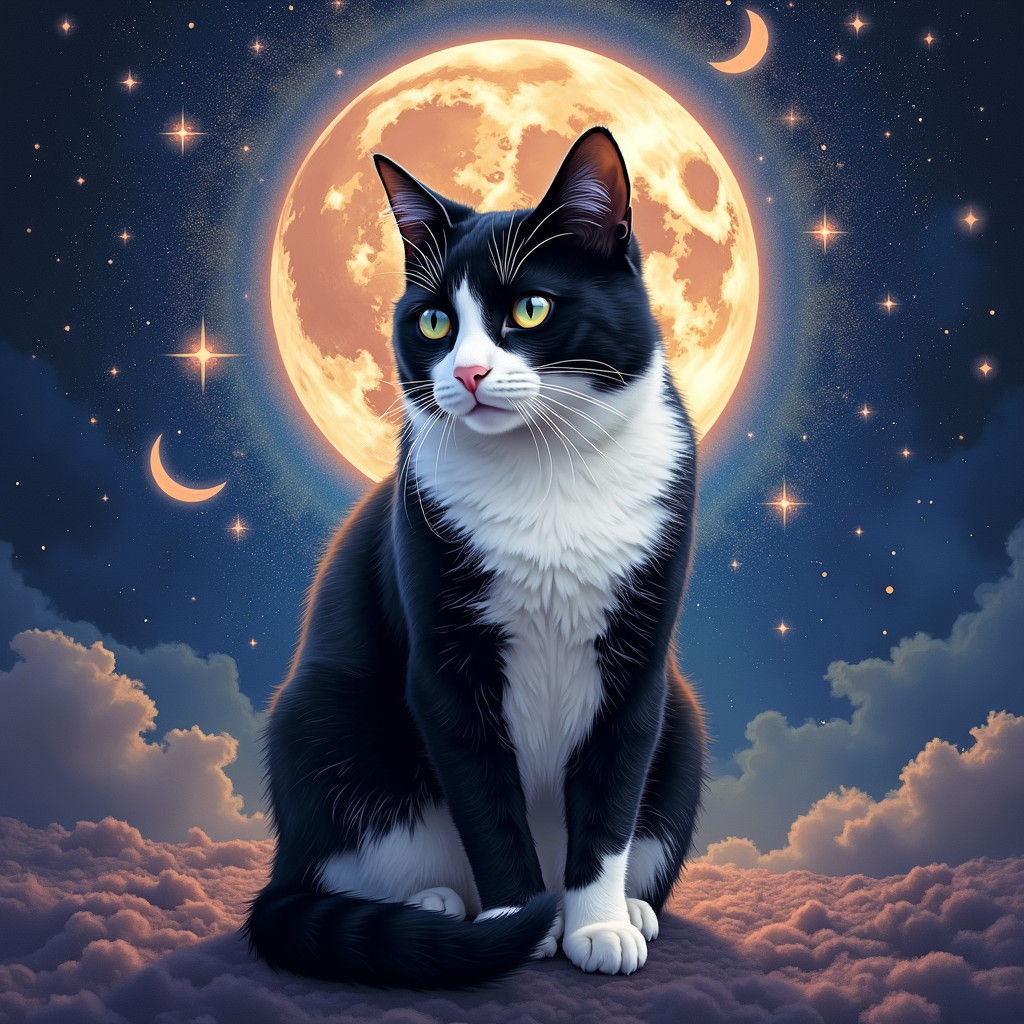 Tuxedo Cat in Dreamscape with Psychedelic Text