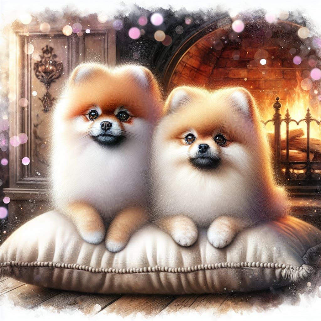 English Watercolor Portraits of Two Pomeranian Spitz in a Co...