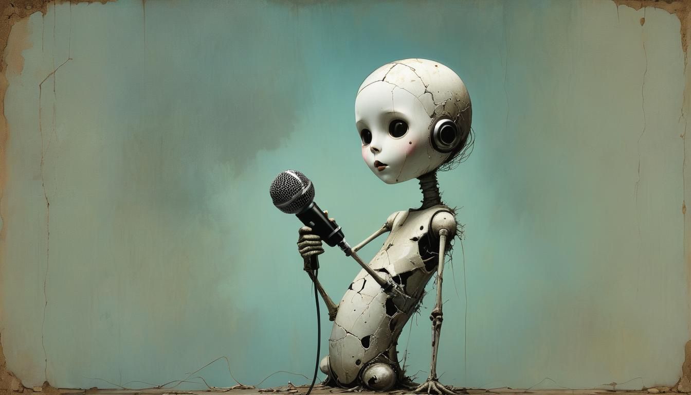 Cracked Porcelain Doll Singer in Glitch Art Style