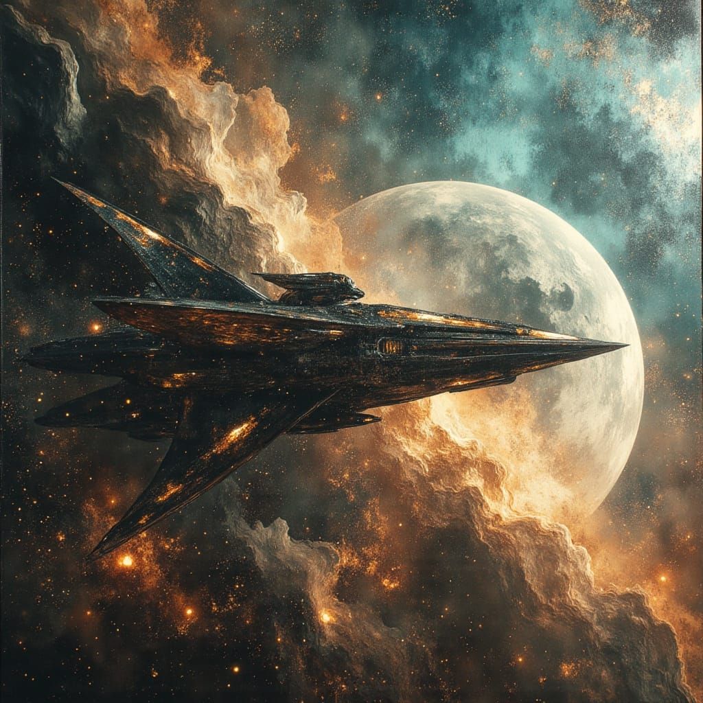 Futuristic Spacecraft Approaching Alien Station in Nebula