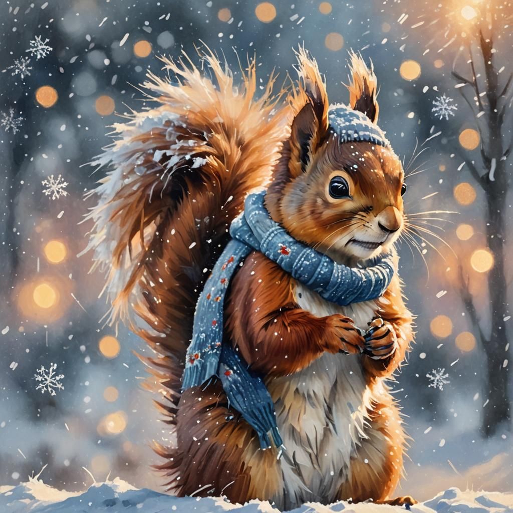 Squirrel in Winter Knitwear: Impressionist Oil Painting