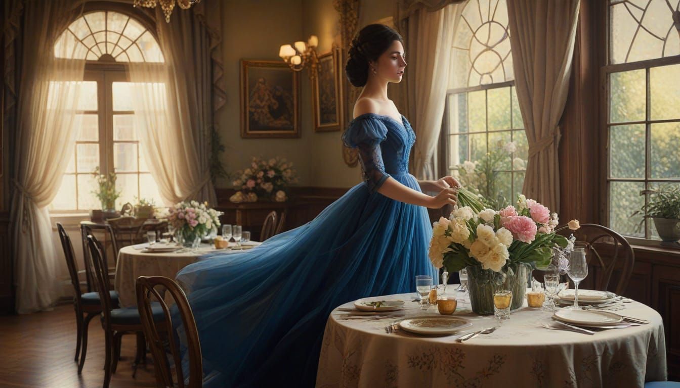 Elegant Woman in Blue Dress in Art Nouveau Style