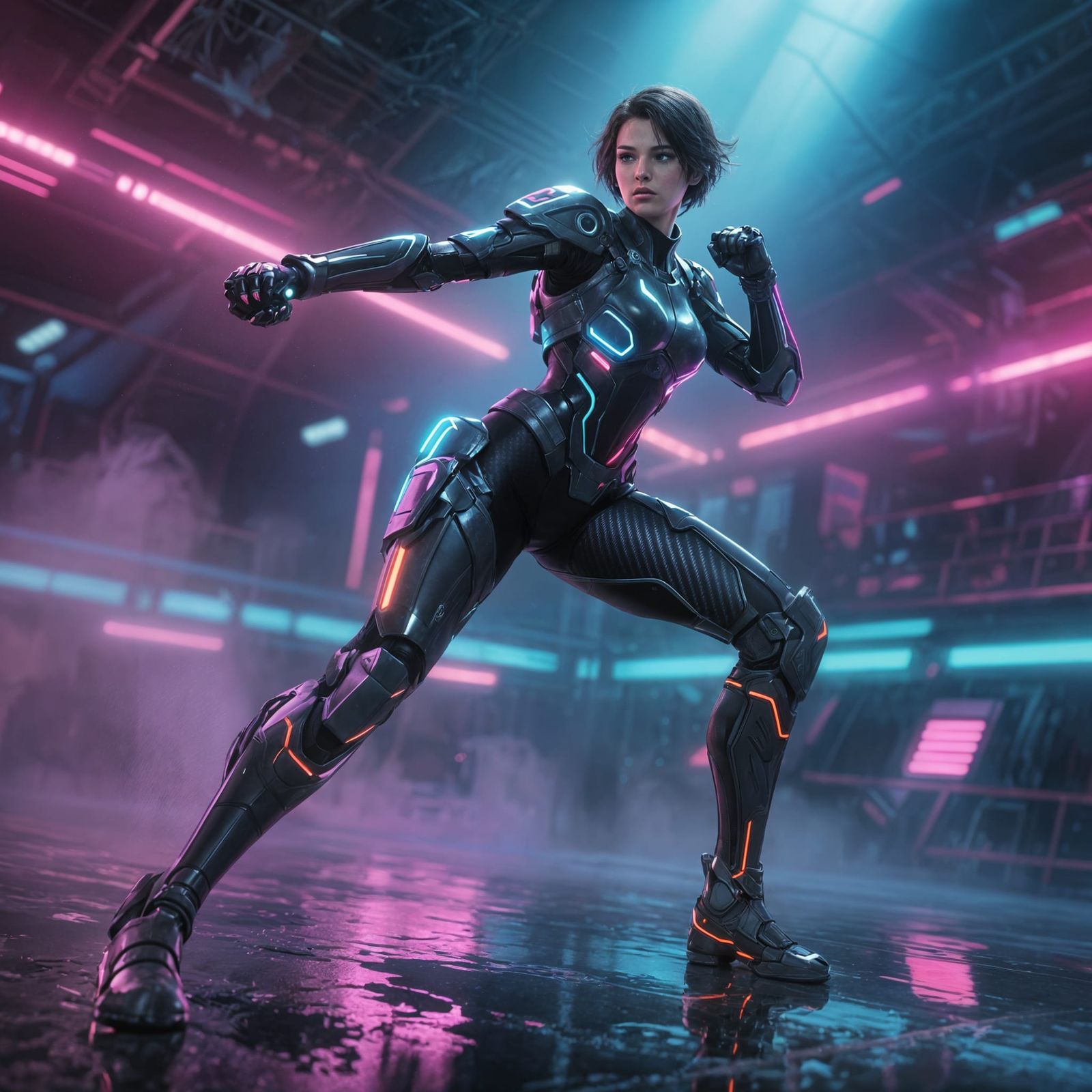 Futuristic Female Fighter in Neon Arena - Digital Art