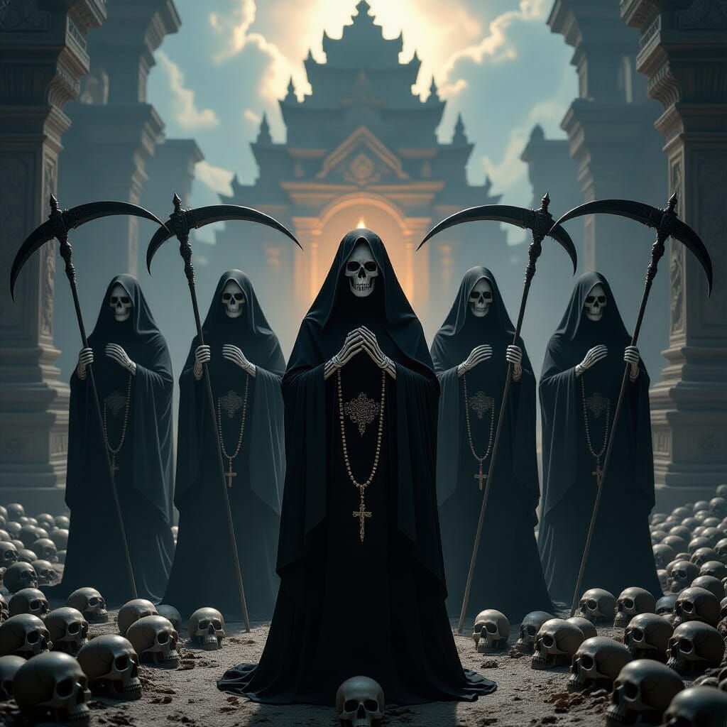 Five Santa Muerte Figures in Sacred Temple