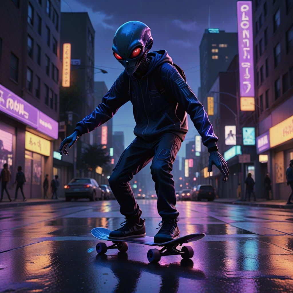 Alien Skateboarder in Neon Cityscape