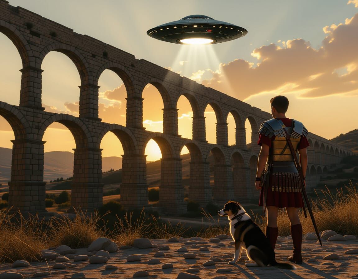 Roman Legionary Guards Aqueduct Under UFO, Sunset