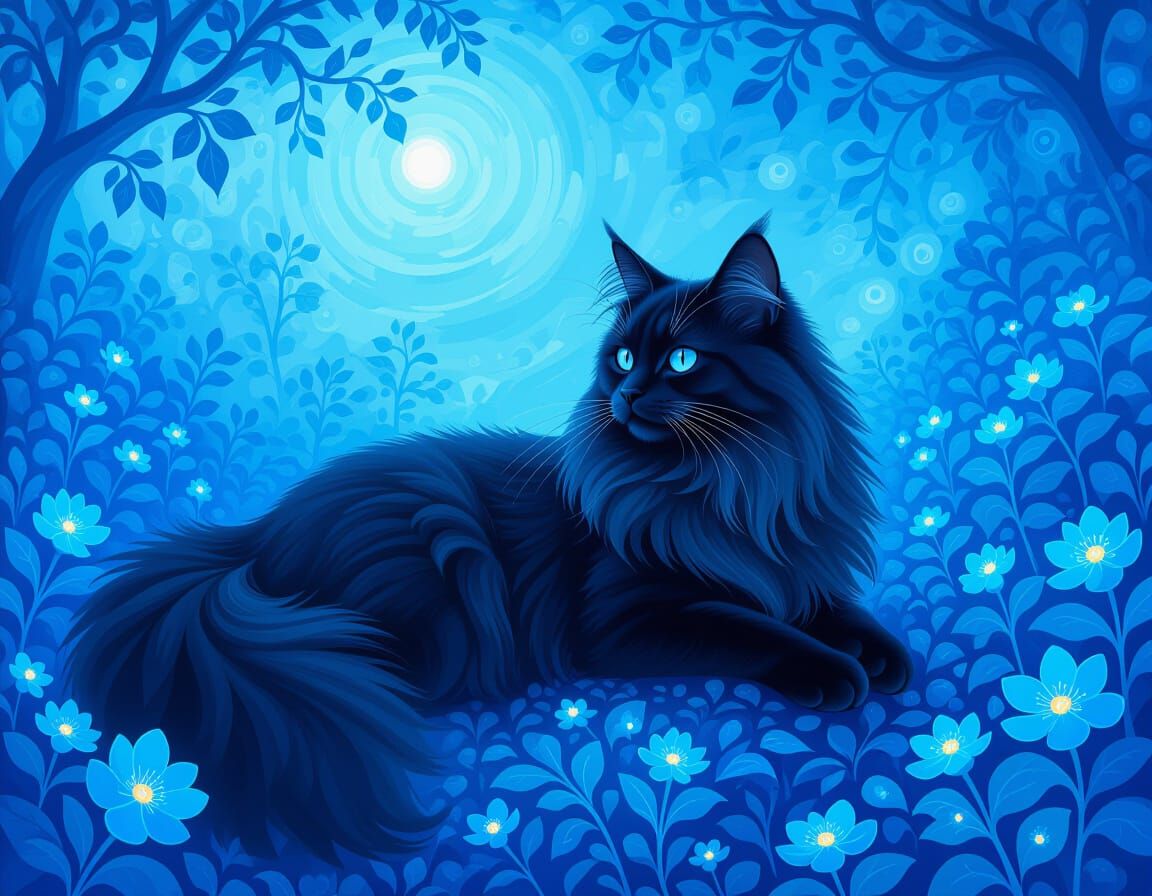 Surreal Blue Landscape with Floating Dark Blue Cat
