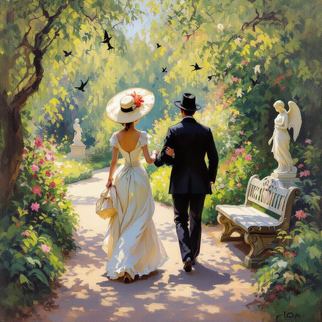 Romantic Garden Stroll in Impressionist Style