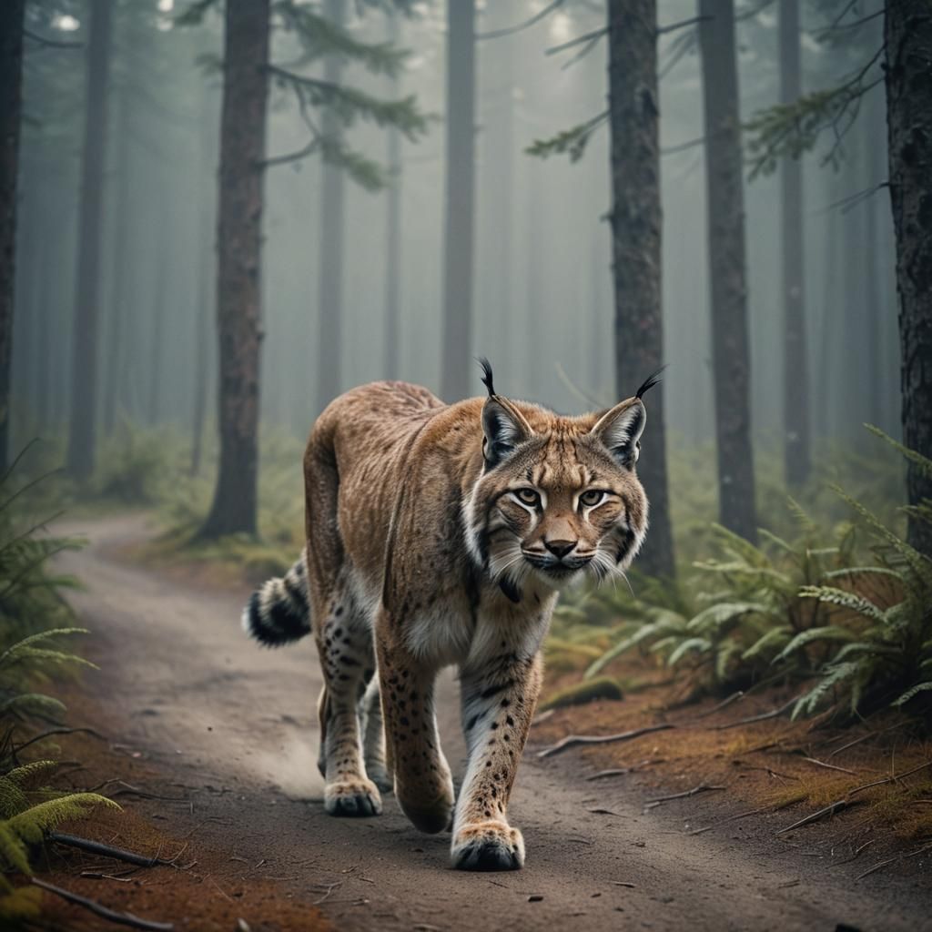 Eurasian Lynx in Misty Taiga Forest