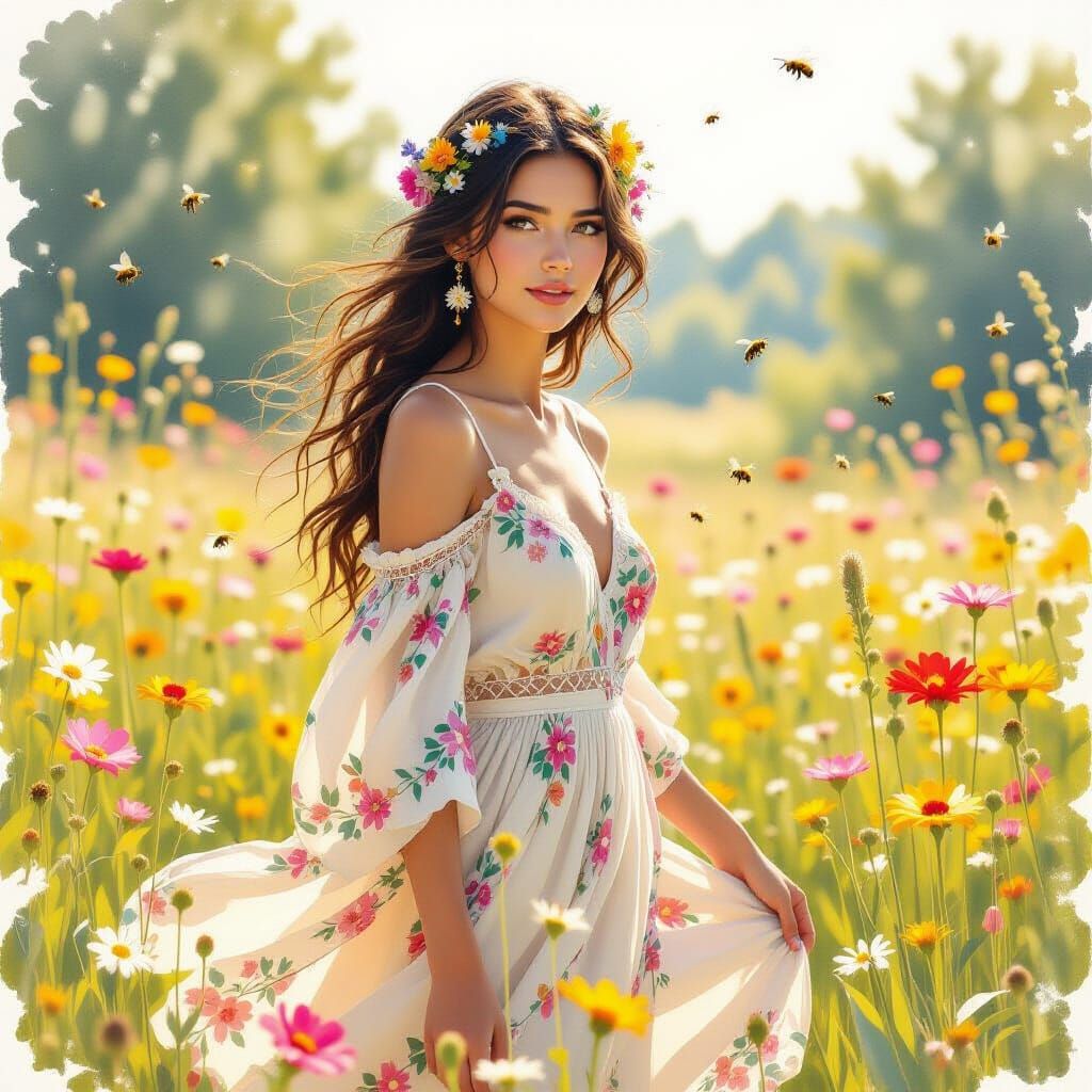 Woman in Meadow: Expressive Watercolor Illustration