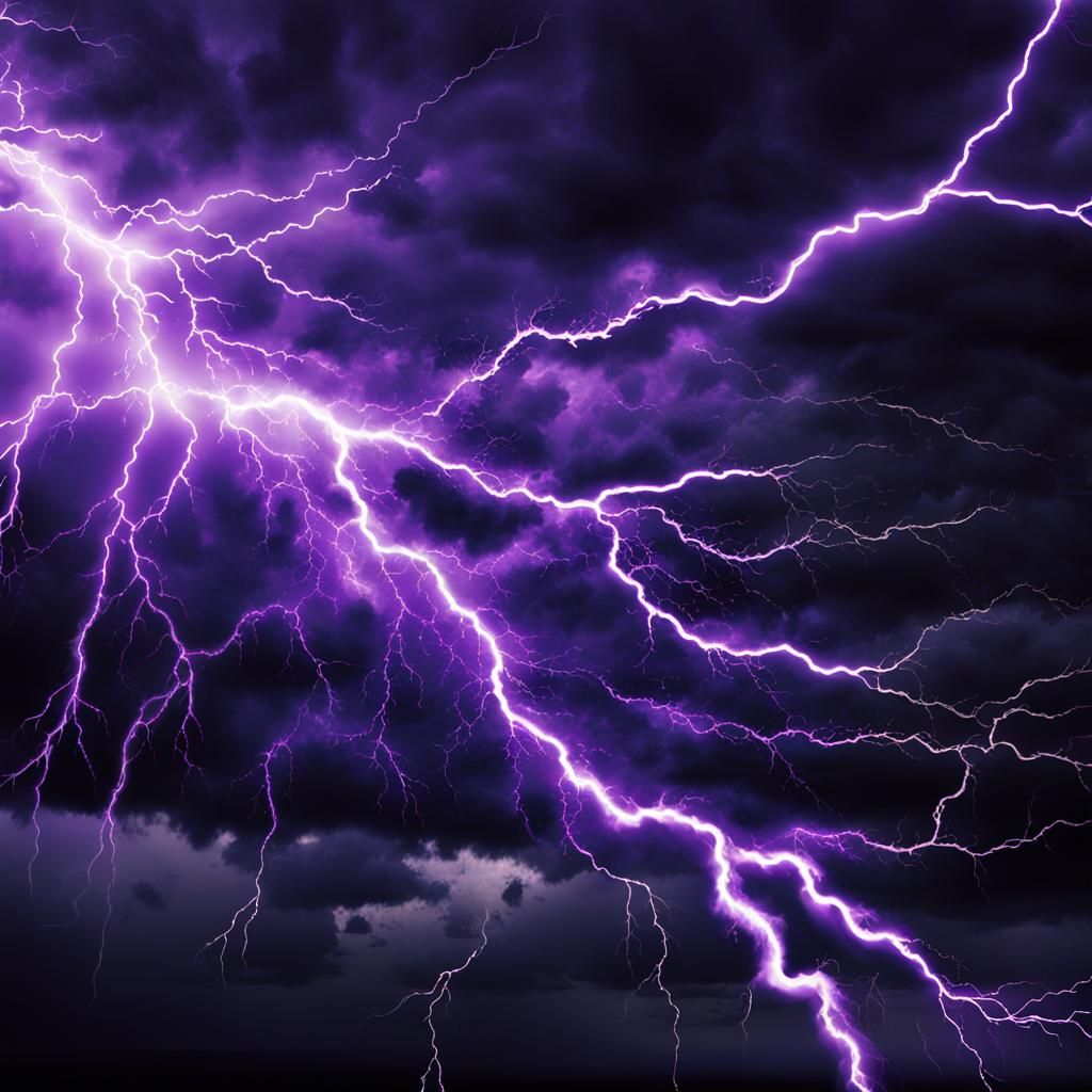 a close up of a purple lightning strike coming from dark clouds on a black background, bright glowing veins, splash imag...