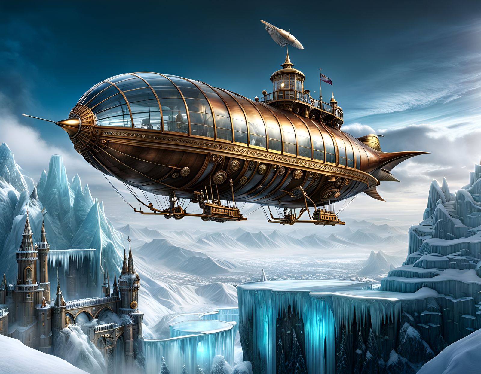 Steampunk Airship Over Glass Ice Castle in Winter