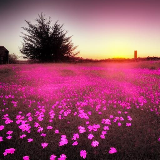 Glowing Pink Flowers in Monochrome Sunset Field