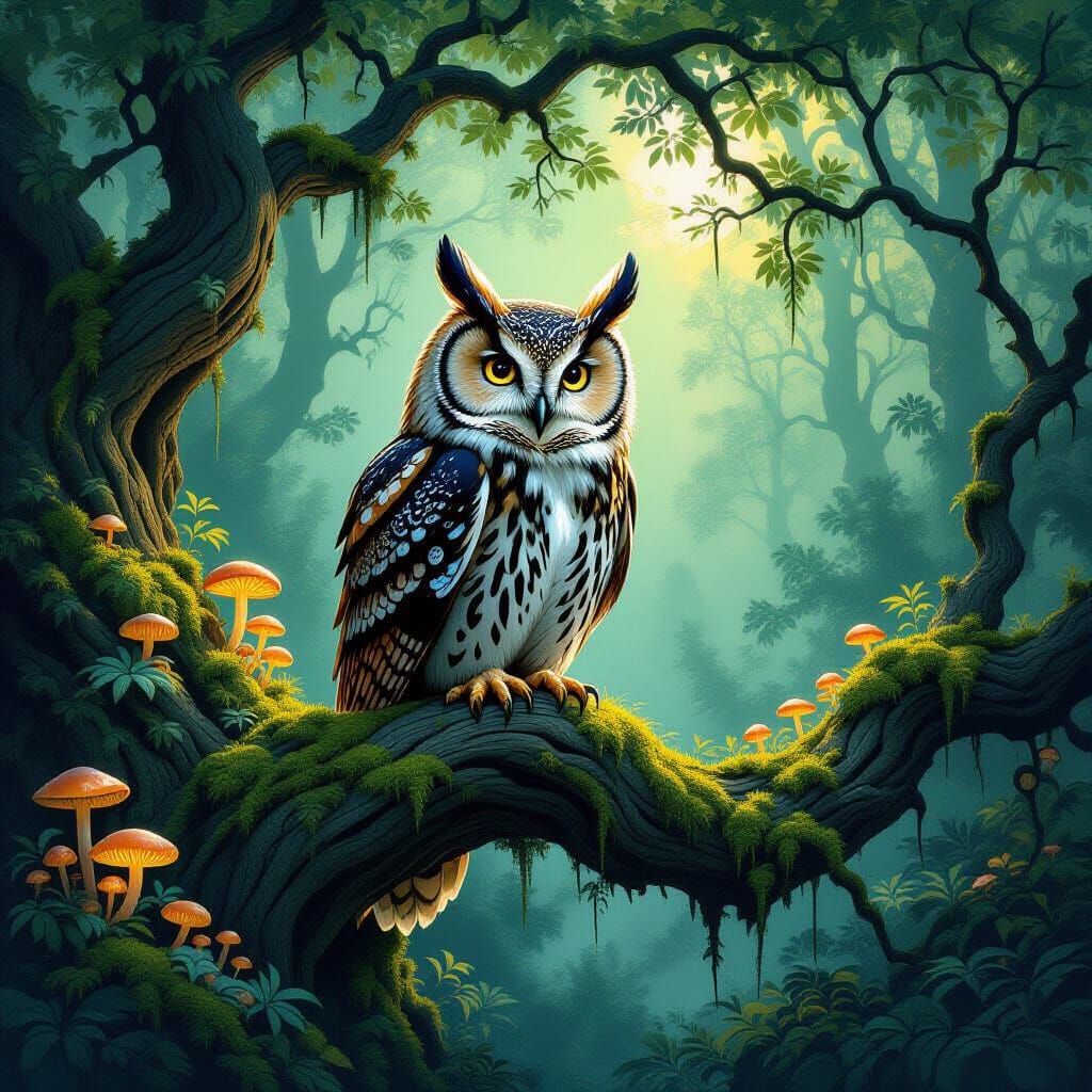 Wise Owl with Tribal Markings in Magical Forest
