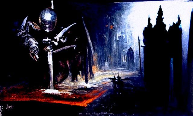 Demonic Knight in Dark City Street as Oil Painting