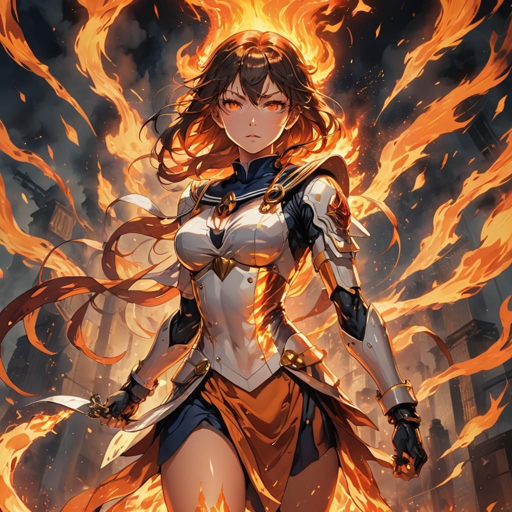 Anime Warrior Engulfed in Flames: Surreal Digital Art