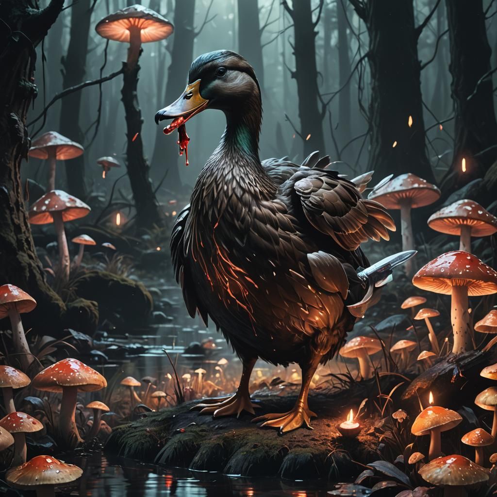 Duck with Bloody Knife in Dark Fantasy Forest