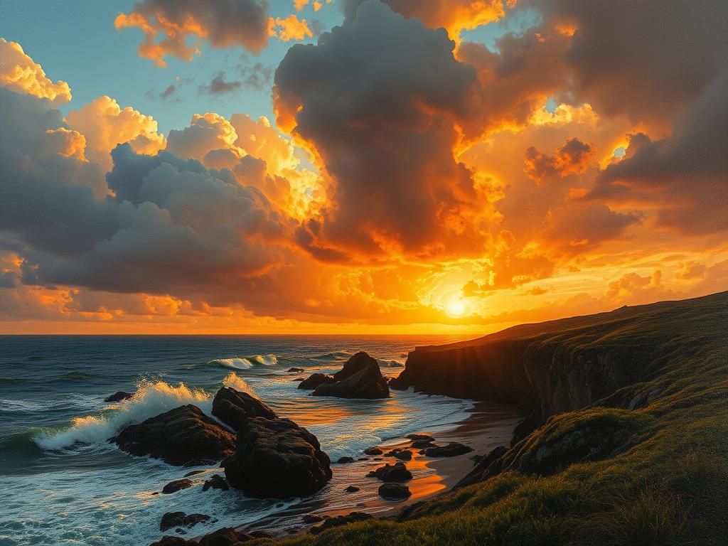 Epic Sunset Over Rugged Coastline as Impasto Painting