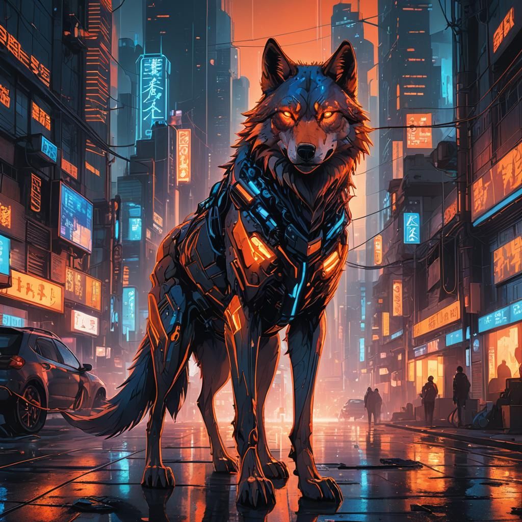 Cyberpunk Wolf Humanoid in Neon Cityscape