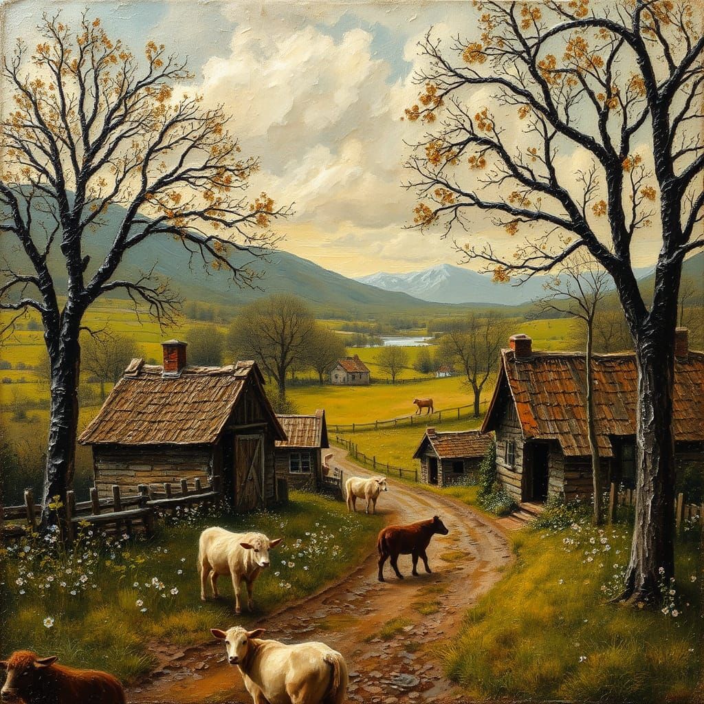 Encaustic Village Scene in Oil Painting Style