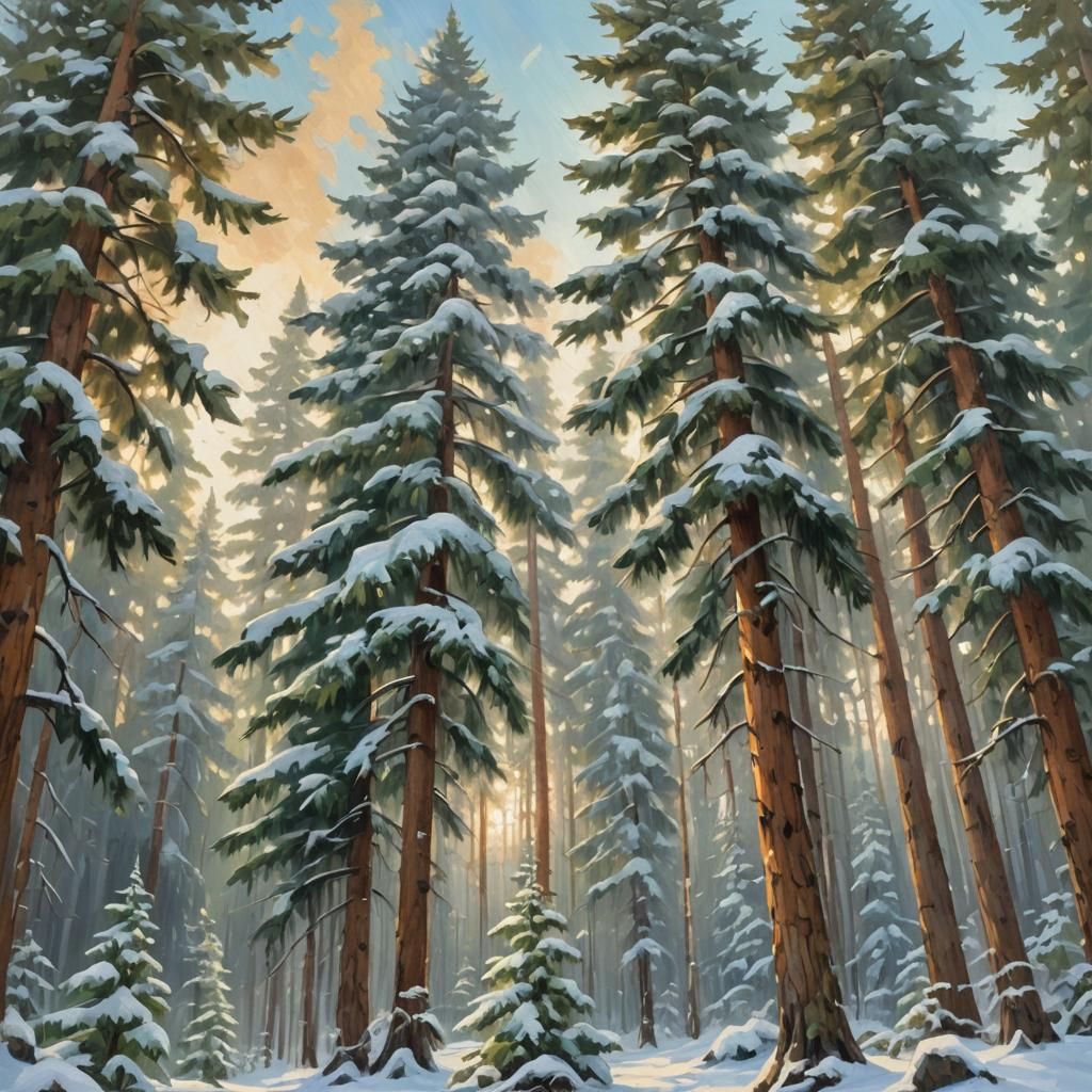 Impressionist Oil Painting of Alaskan Winter Forest
