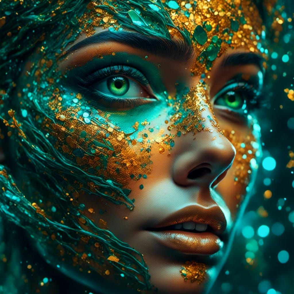 Surreal Woman with Green Eyes in Vibrant Hues