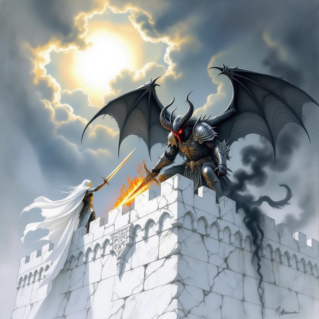 Elf Confronts Balrog in Dramatic Pencil Sketch