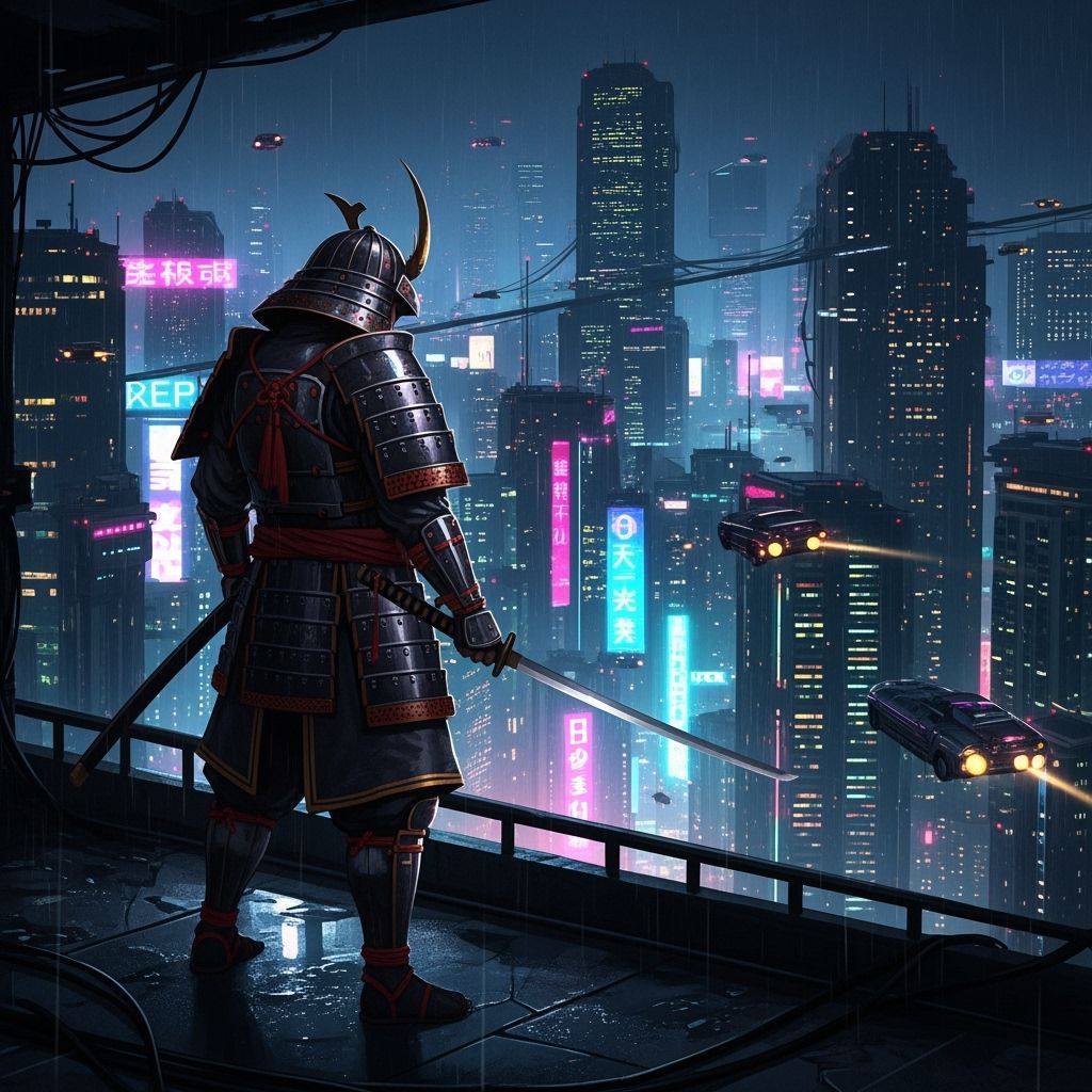 Samurai Warrior Overlooks Neon Cyberpunk City