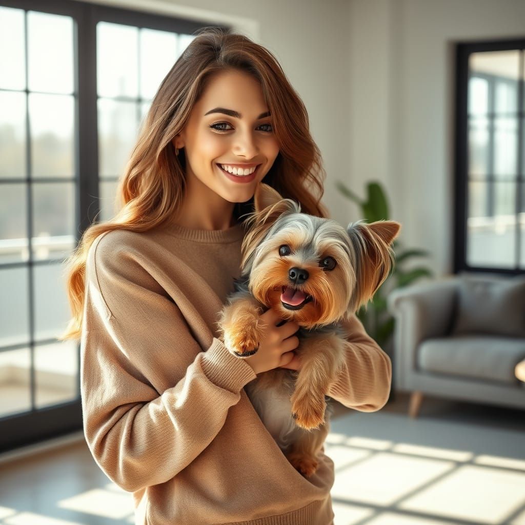 Cozy Moment with Woman and Yorkshire Terrier in Sunny Living...