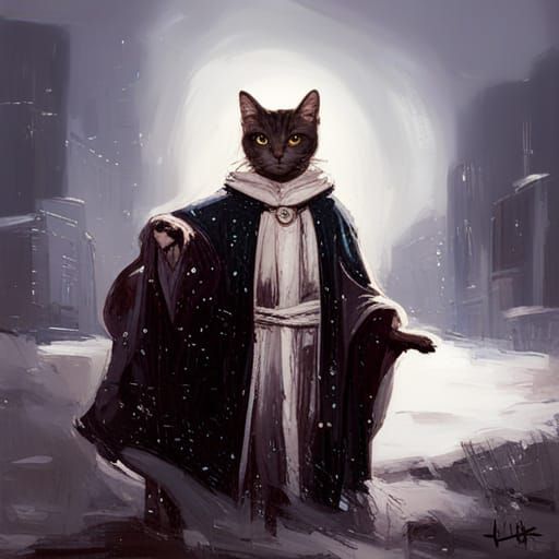 Cat Wizard in Snowy Scene: Digital Oil Painting