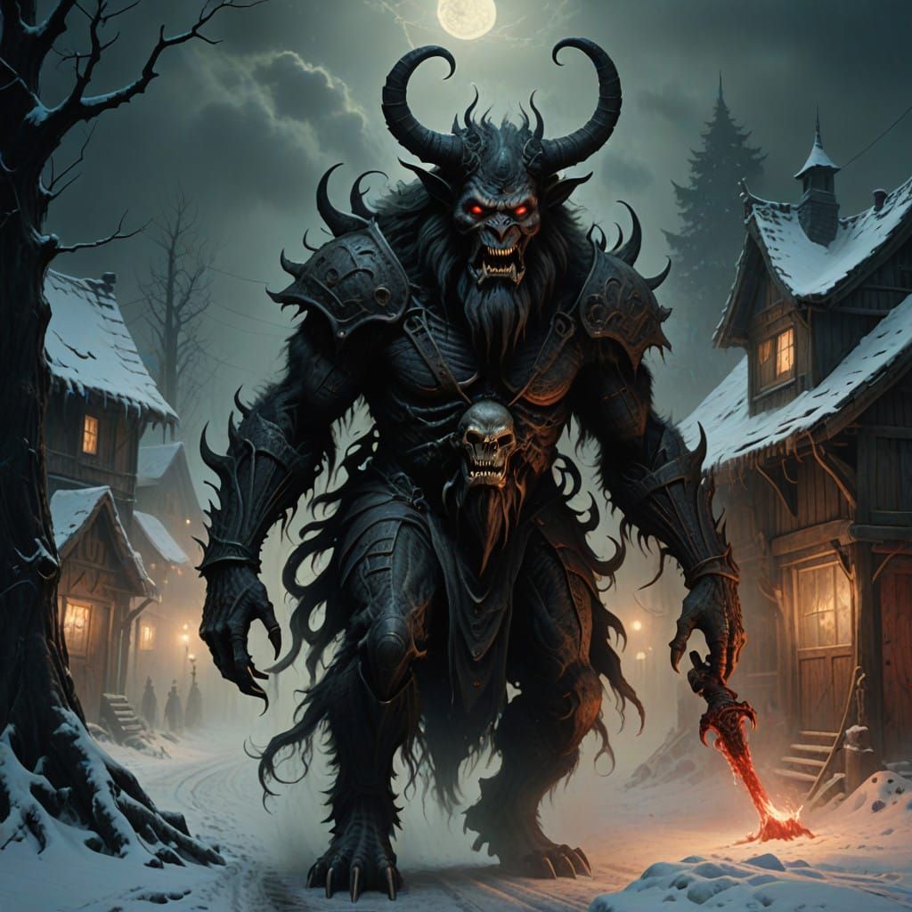 Menacing Krampus Rampage in a Gothic Snowy Village