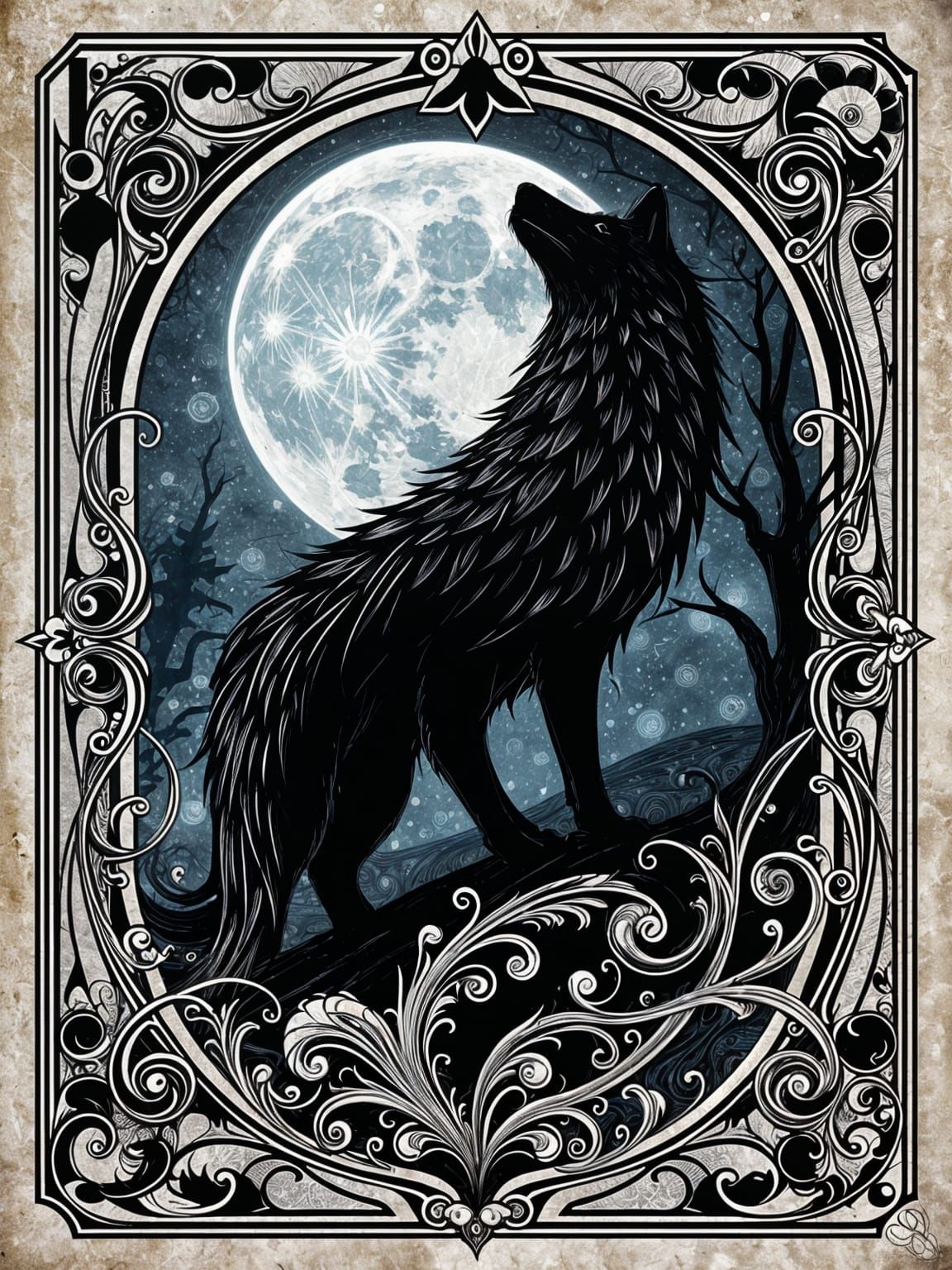 Ethereal Art Nouveau Moonlit Scene with Wolves and Vampires