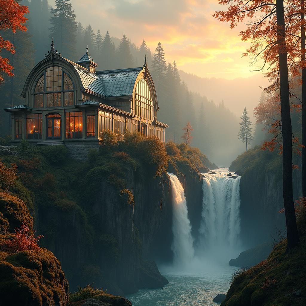 Greenhouse and Waterfall in Autumn Sunset
