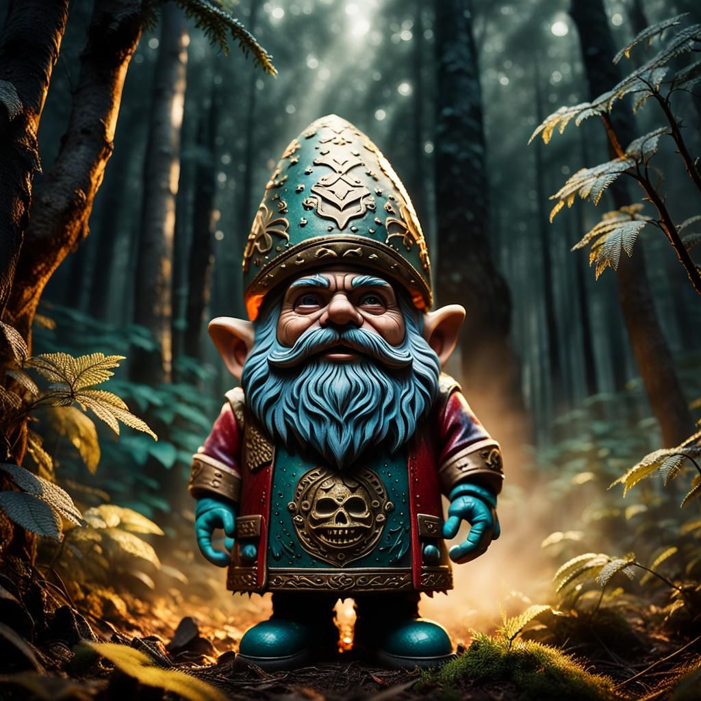 Gnome in Death Mask in Foggy Forest