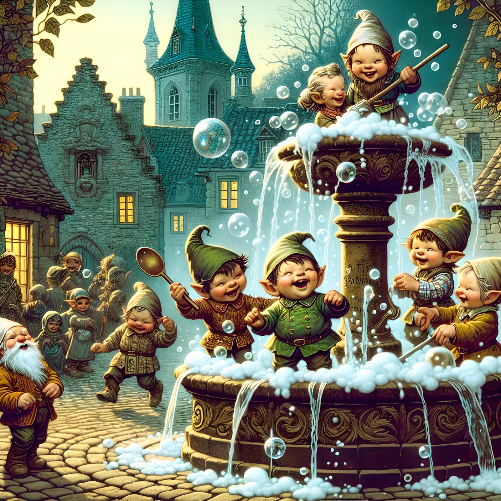 Gnome youngsters being naughty, by putting soap suds in the ...