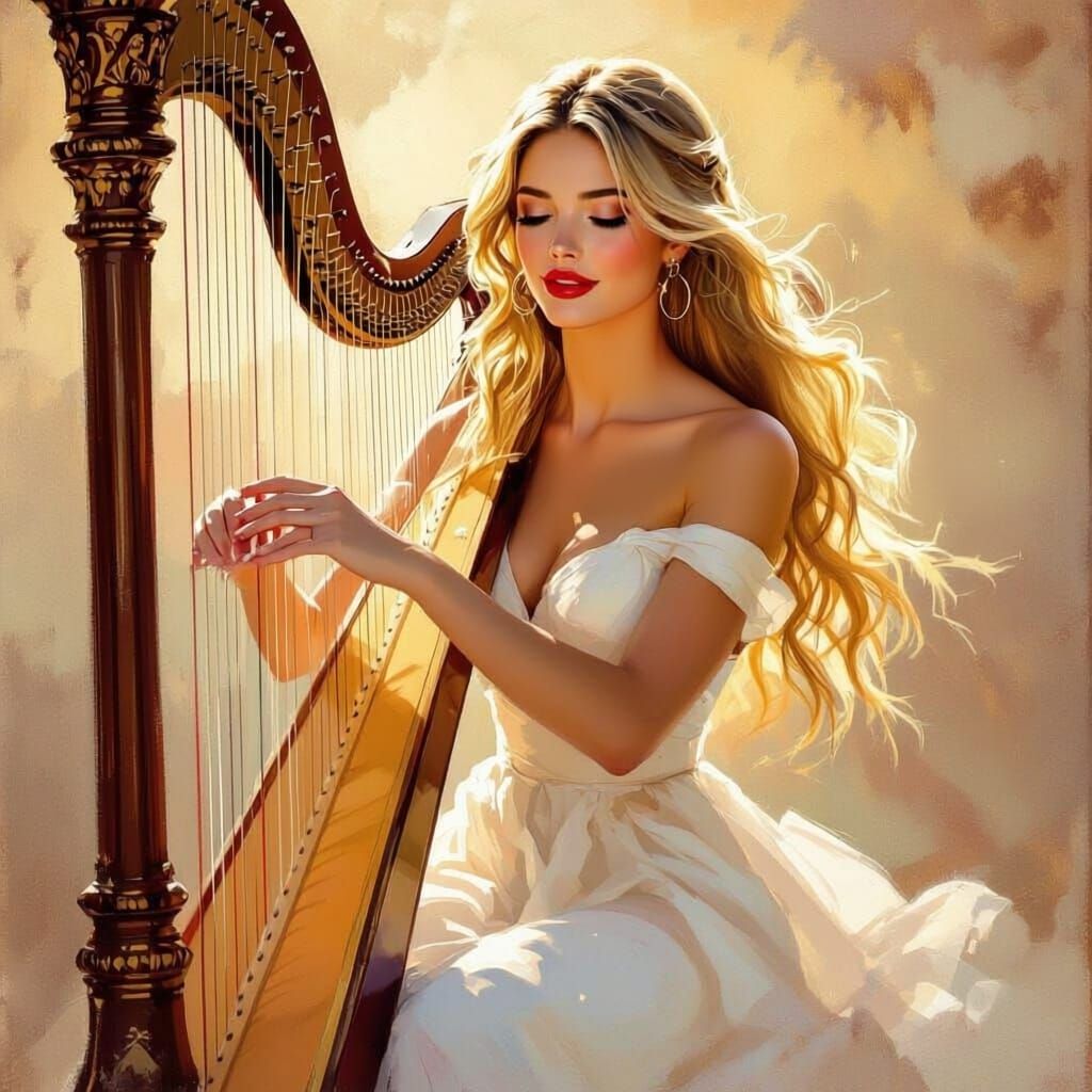 Blonde Harpist Dancing in Golden Hour Oil Painting