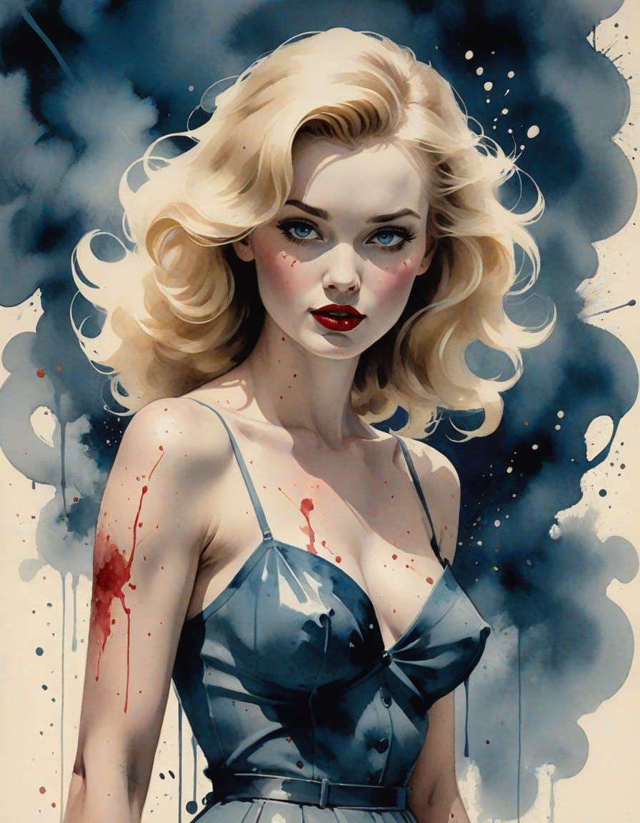 Pin-Up Woman in Watercolor Ink Splatter Style